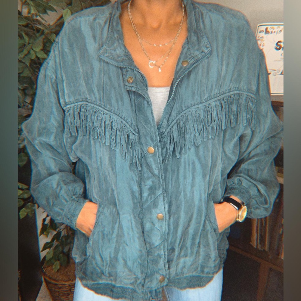Vintage Silk Bomber Jacket Fringe Lightweight Soft